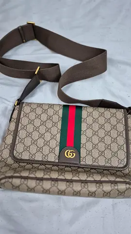 Gucci beige monogram crossbody bag with green-red web stripe