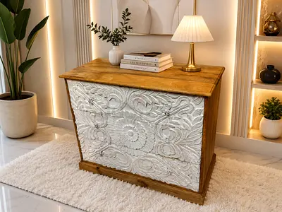 Carved Wooden 3-Drawer Chest with White Floral Front