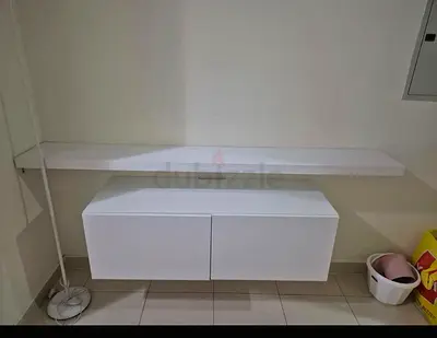 Wall-mounted white TV console with floating shelf - modern