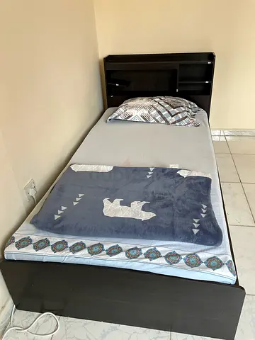 Single bed frame with headboard storage - dark wood finish