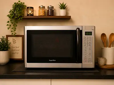 Used SuperMax Countertop Microwave – Stainless Steel, Good Condition
