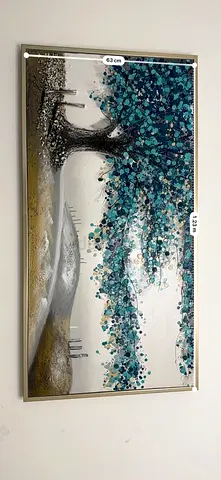 Framed Blue Teal Tree Wall Art Painting - 63 x 123 cm