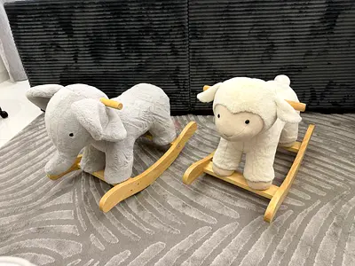 Pottery Barn Pair of Plush Wooden Rocking Toys — Elephant and Lamb, Perfect Condition