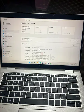 Hp laptop CPU: Intel Core i5-8350U, 8th Gen * RAM: 16 GB * Storage: 477 GB usable — likely 512 G