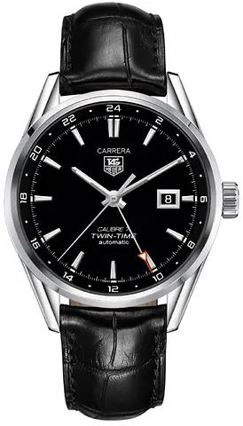 TAG Heuer Carrera Calibre 7 Twin-Time Automatic Men’s Watch - Black Dial, Leather Strap