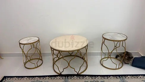 Marble-top gold metal coffee and side table set (3-piece)