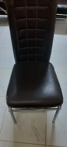 Set of 6 brown faux leather dining chairs with chrome legs - used