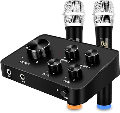 Rybozen Portable Microphone Mixer System Kit for Karaoke with Dual UHF Wireless Microphone Auxiliary