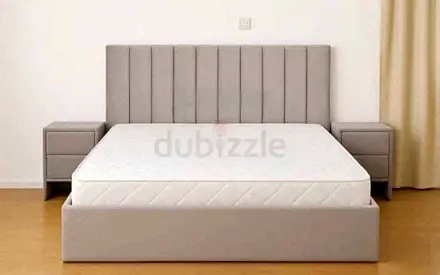 Modern Grey Fabric Upholstered Bed Set with Matching Nightstands