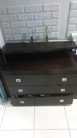 Dark wood 3-drawer dresser and mirror with top shelf - good for bedroom/storage
