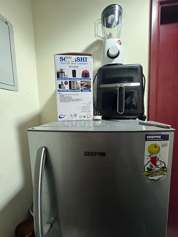 Used Geepas Refrigerator with Blender Juicer and Air Fryer on Top - Good Working Condition