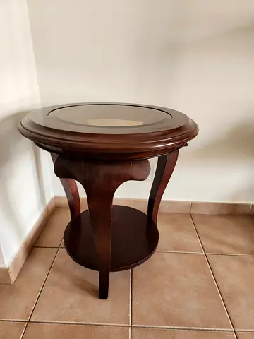 Round Wooden Side Table with Glass Top - Classic Design