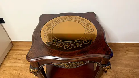 Solid Wood Ornate Side Table with Glass Top