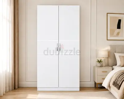 Modern 2-Door Wooden Wardrobe – White Bedroom Wardrobe with Drawer