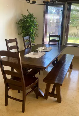 Solid Wood Dining Table Set with Bench and 4 Chairs - Dark Brown, extendable.