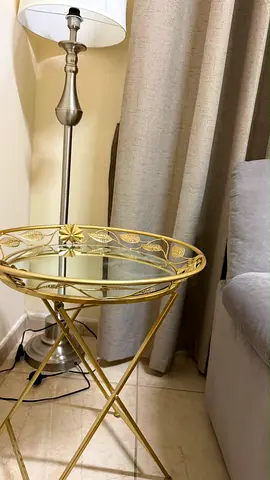 2 PIECE Gold Metal & Glass Round Side Table - Foldable Accent Table