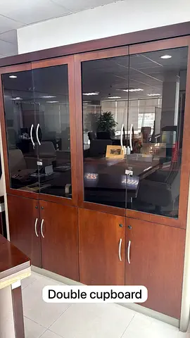 Large Wooden Double Cupboard with Glass Doors - Dark Wood