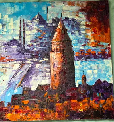 Original Impressionist Oil Painting of Galata Tower Istanbul- Hand Painted