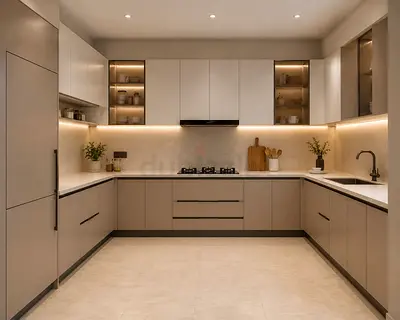 Modern L-shaped Modular Kitchen Cabinets in Beige