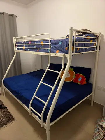 White Metal Bunk Bed (Top Single, Bottom Double) with Mattresses