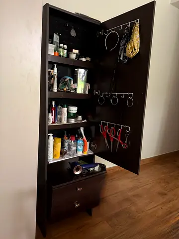 Tall Dark Wooden Bathroom/Bedroom Cabinet with Shelves & Hooks
