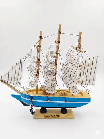 Wooden Ship Model Decor – Blue & White Sailing Boat