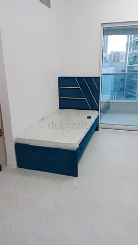 Single Bed with Upholstered Headboard and Mattress - Blue 90X190 CM