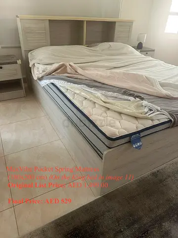 King size bed frame with headboard, two bedside tables and mattress - light wood