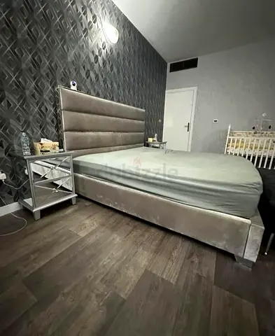 Super king size velvet bed frame with padded headboard - grey