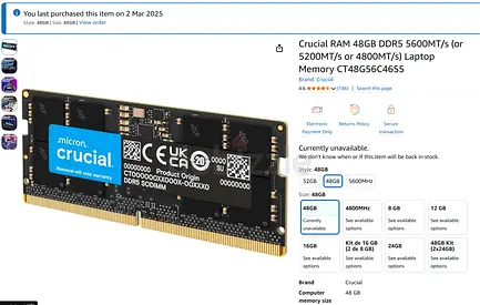 Micron Crucial RAM 96 GB Kit (2 x 48 GB) DDR5 5600 MHz (or 5200 MHz or 4800 MHz)