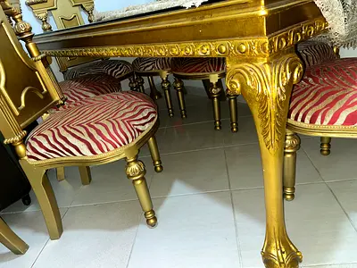 Antique-style Gold Dining Table with 8 Upholstered Chairs (Zebra Pattern)