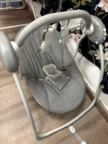Gray Baby Swing/Cradle with Mobile and Harness - very Good Condition