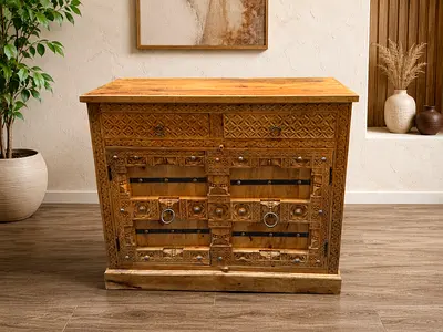 Hand Carved Wooden Sideboard with Ornate Metal Details