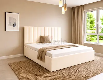 New Beige Upholstered King Size Bed with Padded Headboard