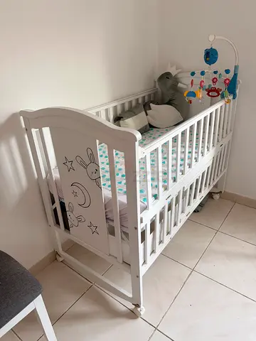 White Wooden Baby Crib with Mobile - Good Condition
