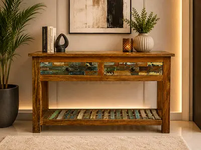 Solid Wood Reclaimed Console Table with Drawers and Shelf