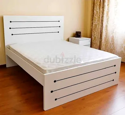 New White Wooden Queen size Bed Frame with Headboard and Mattress
