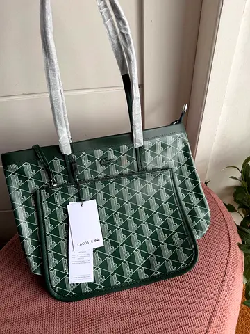 Lacoste green patterned tote bag with detachable pouch