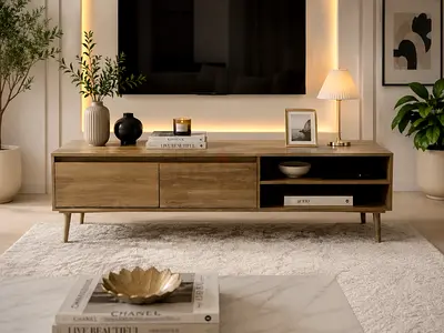 Solid Wood Low TV Console / Entertainment Unit - Mid-Century Style