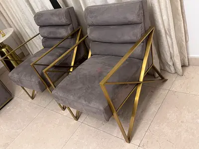 Pair of Modern Grey Velvet Armchairs with Brass Frame