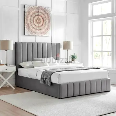 New Grey Upholstered King Size Bed Frame with Padded Headboard and Mattress