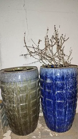 Pair of tall ceramic garden planters - blue and green, used