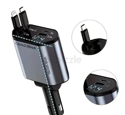 4-in-1 Car Charger ⚡ Built-In iPhone & Type-C Cables