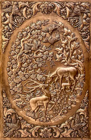 Handcrafted Artistic Relief Panel, Made of Copper, Featuring Deer and Bird Motifs