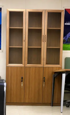 Wooden Office Storage Cabinet with Glass Doors and Lockable Lower Section