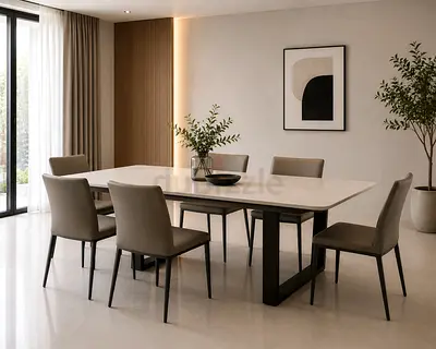 Modern 6-Seater Dining Table with Chairs - Light Wood Top, Black Metal Base