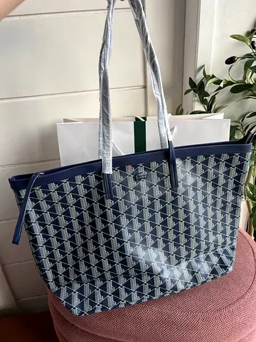 Navy patterned large tote bag with long handles