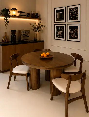 Solid Wood Round Dining Table with 4 Upholstered Chairs - Midcentury Style