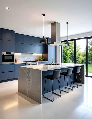 Modern blue kitchen with island and bar stools - Near new condition