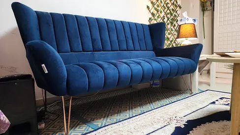 Blue Velvet 3-Seater Sofa with Metal Legs - Good Condition